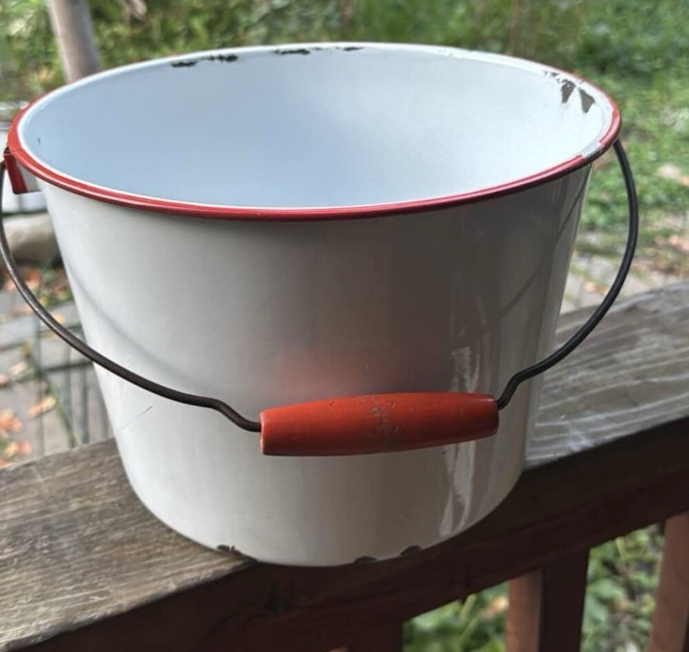 Vintage Enamelware Pail Bucket White Red Trim Wood Handle Farmhouse Decor